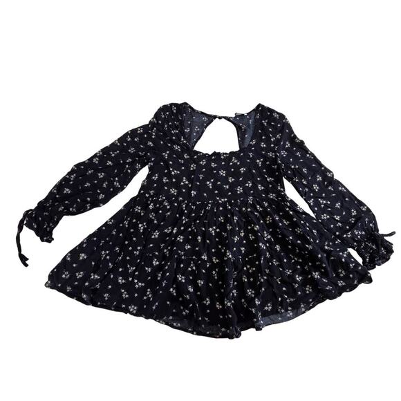 American Eagle Babydoll Navy Floral Top Small Long Sleeve Keyhole Back - Picture 1 of 7